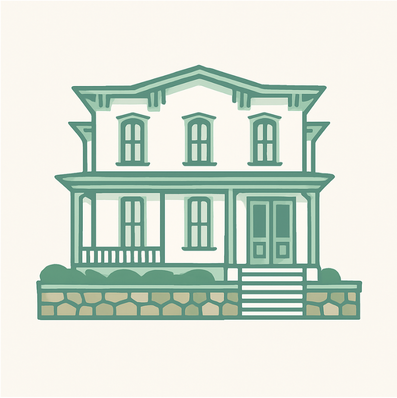 drawn image of the Helmkamp, Ellis, Abraham, Engerer and Ghannam building in Northville. The outer parts of the building are green. There are three windows upstairs, two downstairs, a door on the right side of the building. There is a stone wall in the front with steps leading to the front door.